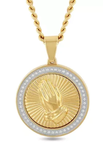 1/4CTW Diamond Men's Stainless Steel Yellow and White Two-tone Finish Praying Hands Medallion Pendant