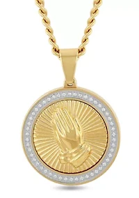 1/4CTW Diamond Men's Stainless Steel Yellow and White Two-tone Finish Praying Hands Medallion Pendant