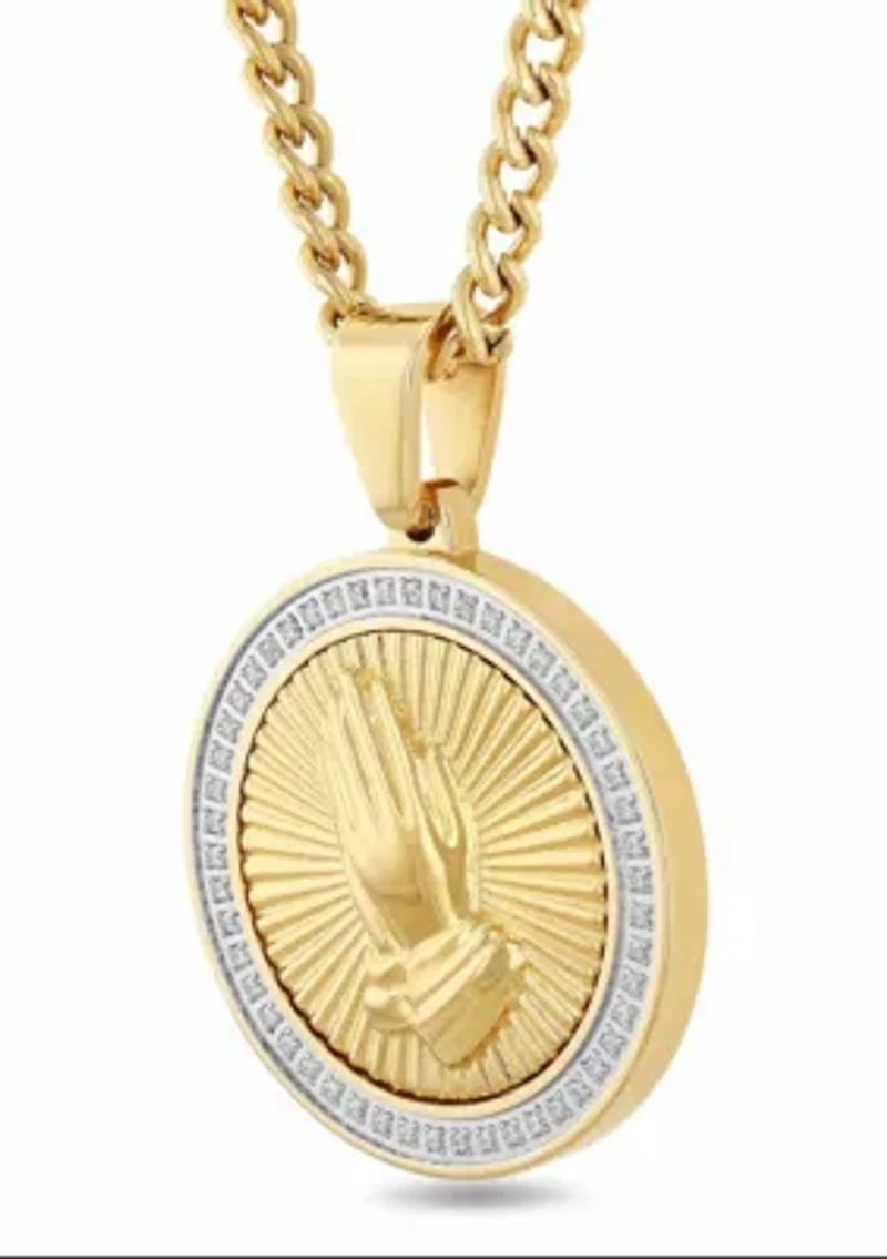 1/4CTW Diamond Men's Stainless Steel Yellow and White Two-tone Finish Praying Hands Medallion Pendant