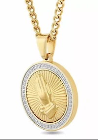 1/4CTW Diamond Men's Stainless Steel Yellow and White Two-tone Finish Praying Hands Medallion Pendant