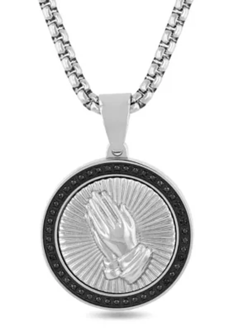 1/4CTW Black Diamond Men's Stainless Steel Black and White Two-tone Finish Praying Hands Medallion Pendant