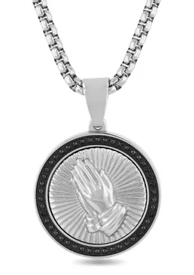 1/4CTW Black Diamond Men's Stainless Steel Black and White Two-tone Finish Praying Hands Medallion Pendant
