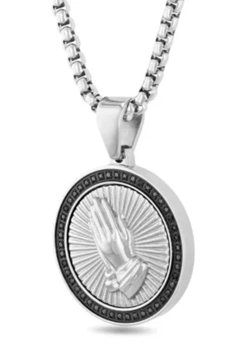 1/4CTW Black Diamond Men's Stainless Steel Black and White Two-tone Finish Praying Hands Medallion Pendant