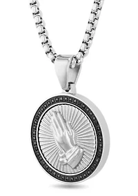 1/4CTW Black Diamond Men's Stainless Steel Black and White Two-tone Finish Praying Hands Medallion Pendant