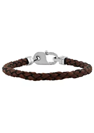 Men's Stainless Steel and Brown Leather Braid Bracelet with Fancy Clasp