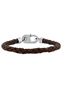 Men's Stainless Steel and Brown Leather Braid Bracelet with Fancy Clasp
