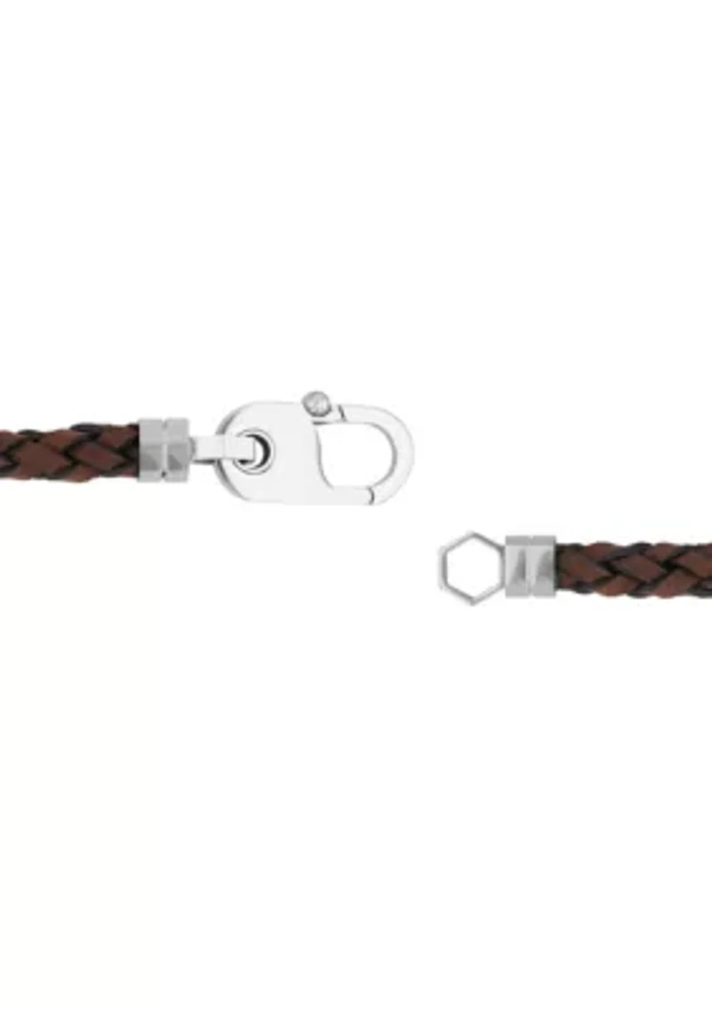 Men's Stainless Steel and Brown Leather Braid Bracelet with Fancy Clasp