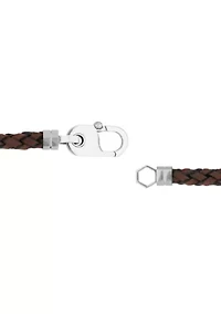 Men's Stainless Steel and Brown Leather Braid Bracelet with Fancy Clasp