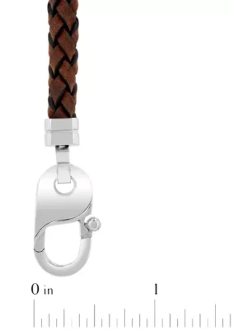 Men's Stainless Steel and Brown Leather Braid Bracelet with Fancy Clasp