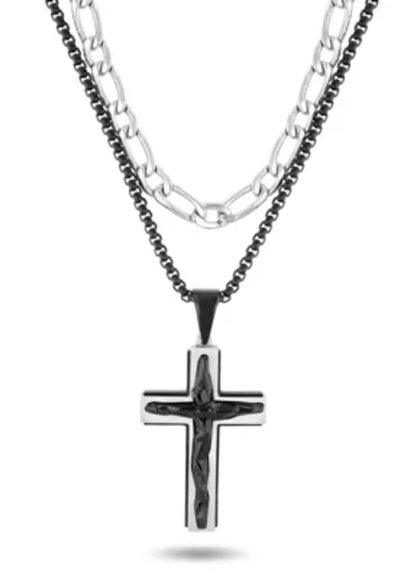 Men's Stainless Steel With Black IP Double Chain Cross Necklace