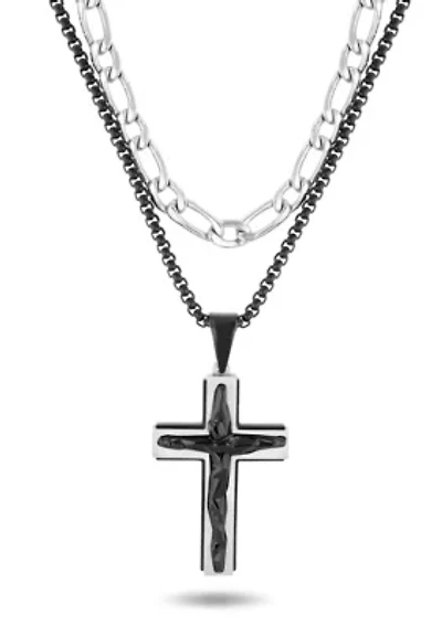 Men's Stainless Steel With Black IP Double Chain Cross Necklace