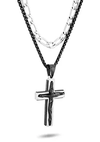 Men's Stainless Steel With Black IP Double Chain Cross Necklace