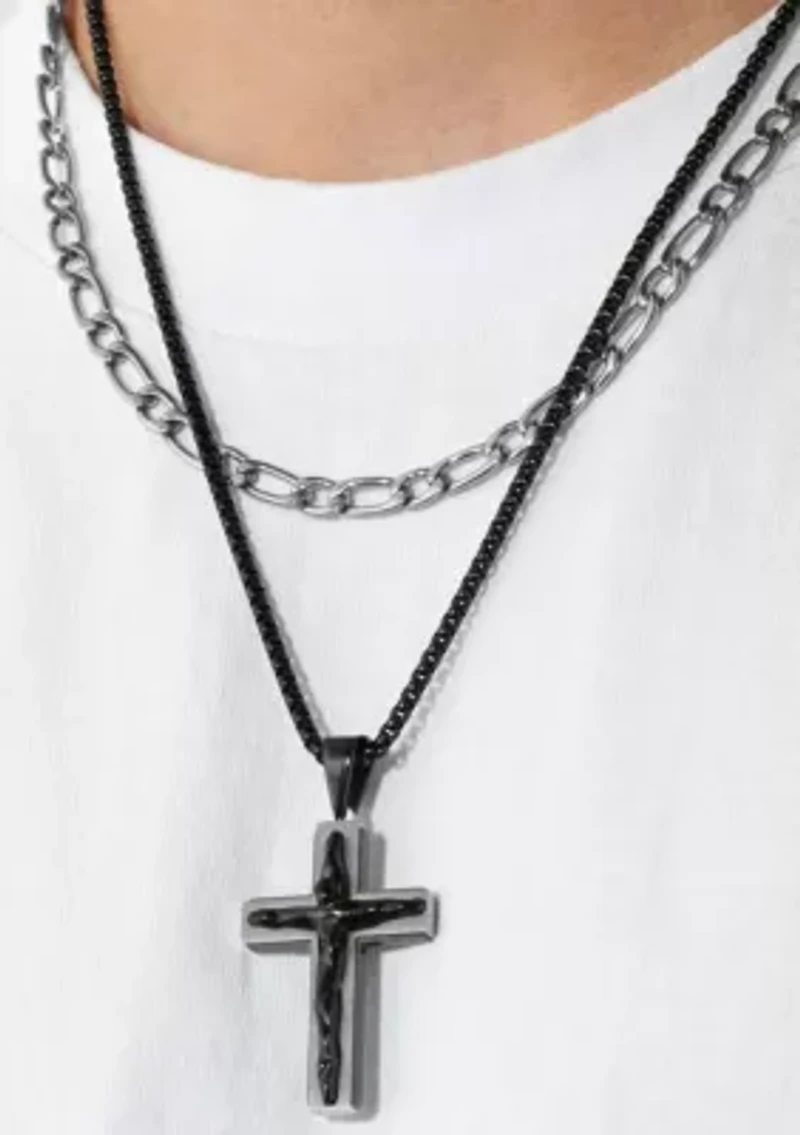 Men's Stainless Steel With Black IP Double Chain Cross Necklace