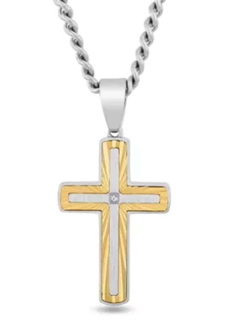 .01CT Diamond Accent Men's Stainless Steel Two-tone Yellow Finish Cross Pendant