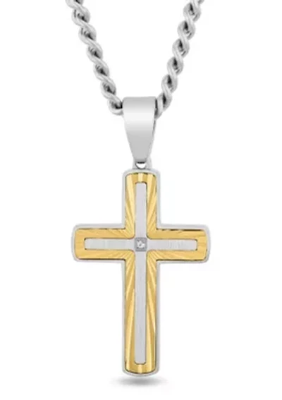 .01CT Diamond Accent Men's Stainless Steel Two-tone Yellow Finish Cross Pendant