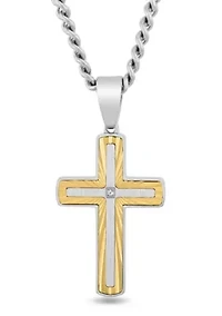 .01CT Diamond Accent Men's Stainless Steel Two-tone Yellow Finish Cross Pendant