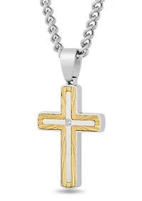 .01CT Diamond Accent Men's Stainless Steel Two-tone Yellow Finish Cross Pendant