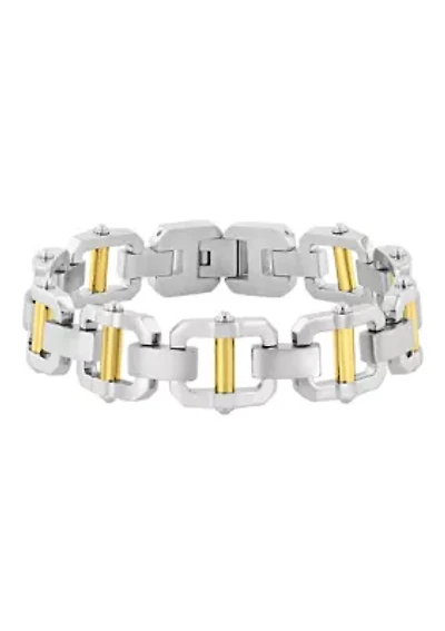 Stainless Steel Link Bracelet with Yellow Finish Accent Bars