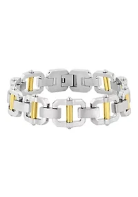 Stainless Steel Link Bracelet with Yellow Finish Accent Bars