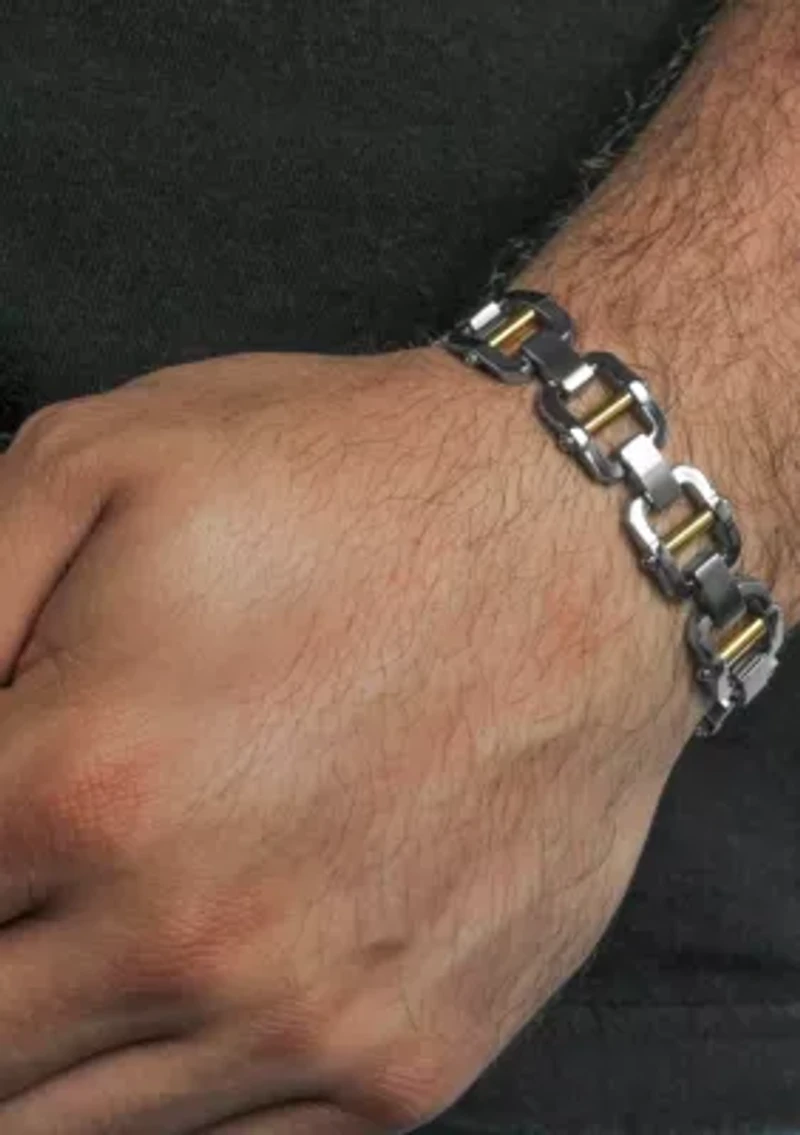 Stainless Steel Link Bracelet with Yellow Finish Accent Bars