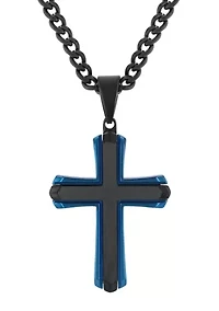 Stainless Steel Cross Pendant with Black and Blue Finish