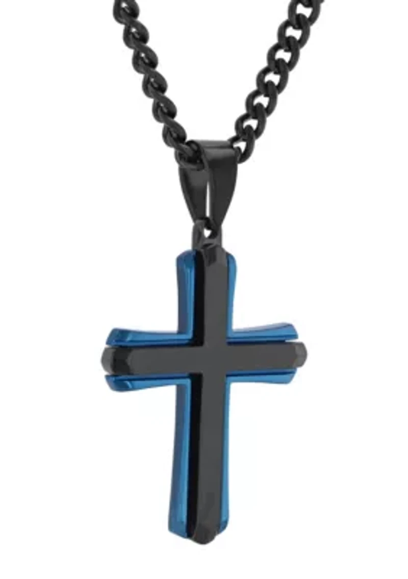 Stainless Steel Cross Pendant with Black and Blue Finish