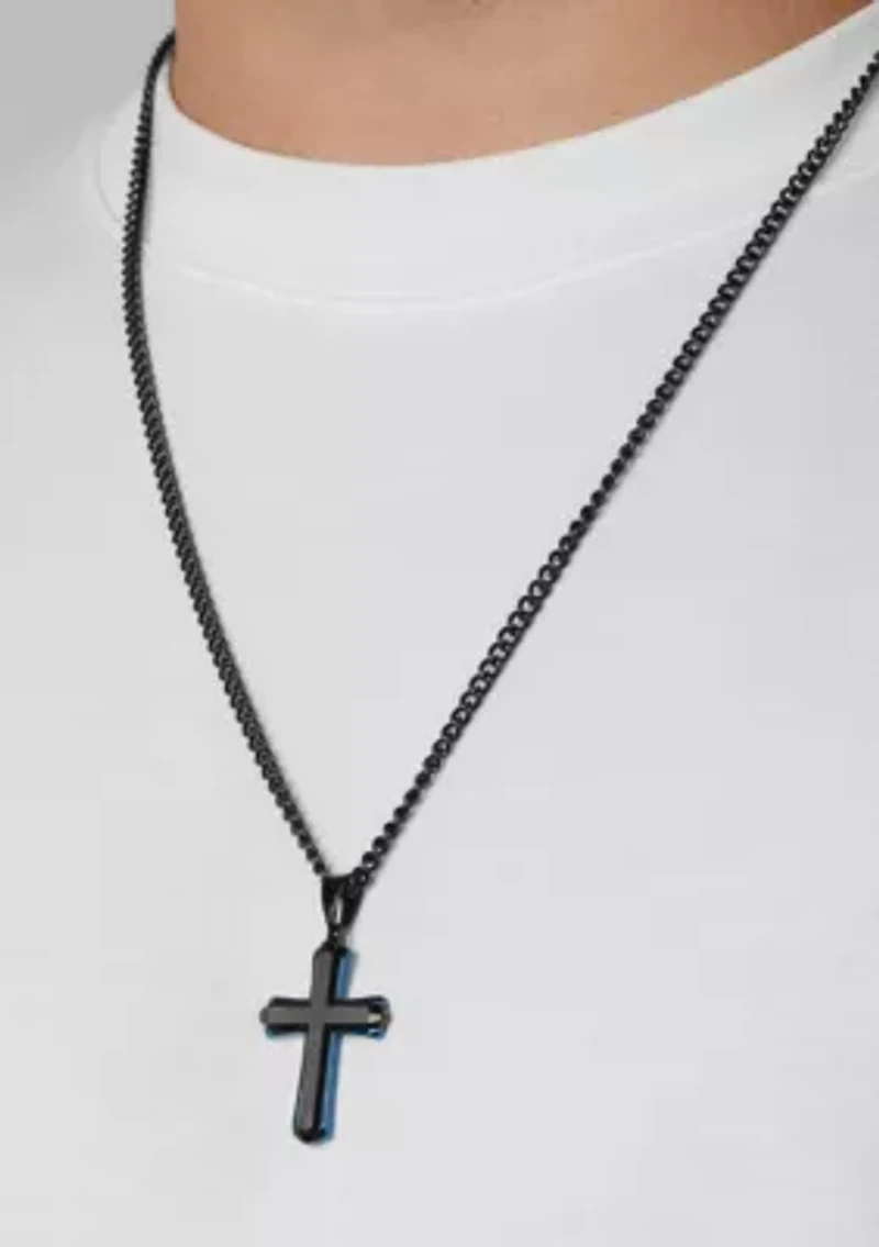 Stainless Steel Cross Pendant with Black and Blue Finish