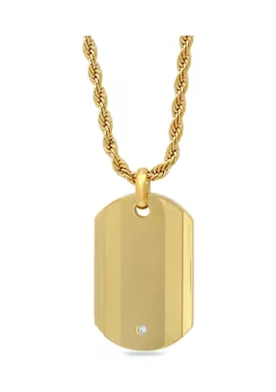 Cubic Zirconia Dog Tag Pendant Necklace in Gold-Tone Stainless Steel