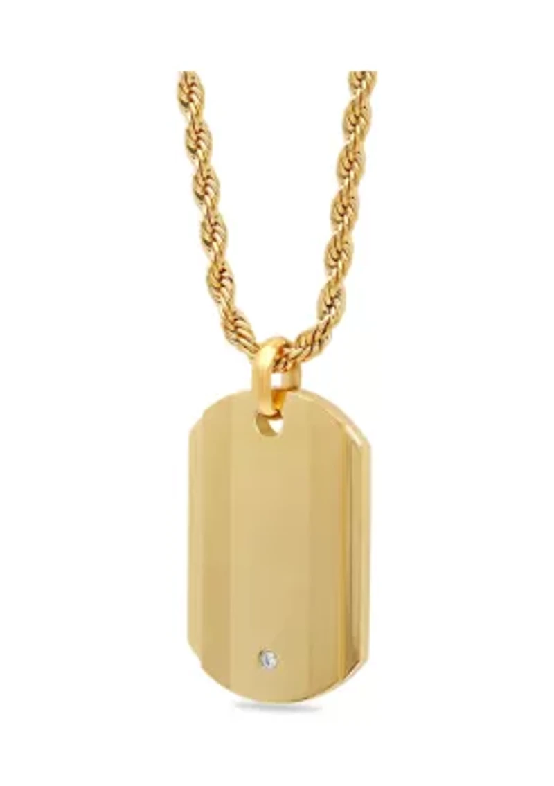 Cubic Zirconia Dog Tag Pendant Necklace in Gold-Tone Stainless Steel