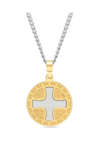 Religious Cross and Medallion Pendant Necklace in Gold-Tone Stainless Steel