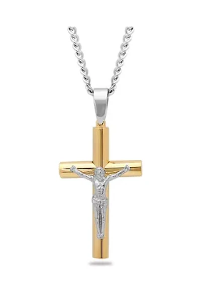 Rounded Crucifix Pendant Necklace in Two-Tone Stainless Steel