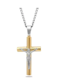 Rounded Crucifix Pendant Necklace in Two-Tone Stainless Steel