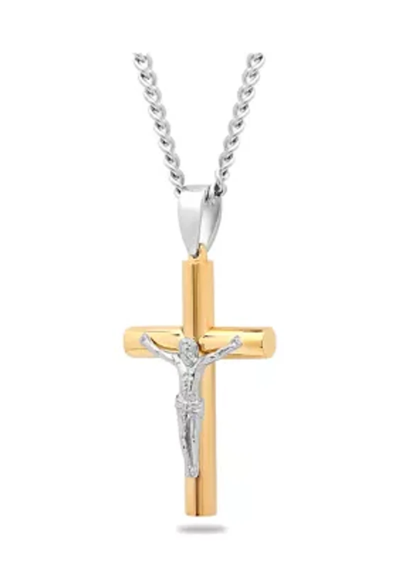 Rounded Crucifix Pendant Necklace in Two-Tone Stainless Steel