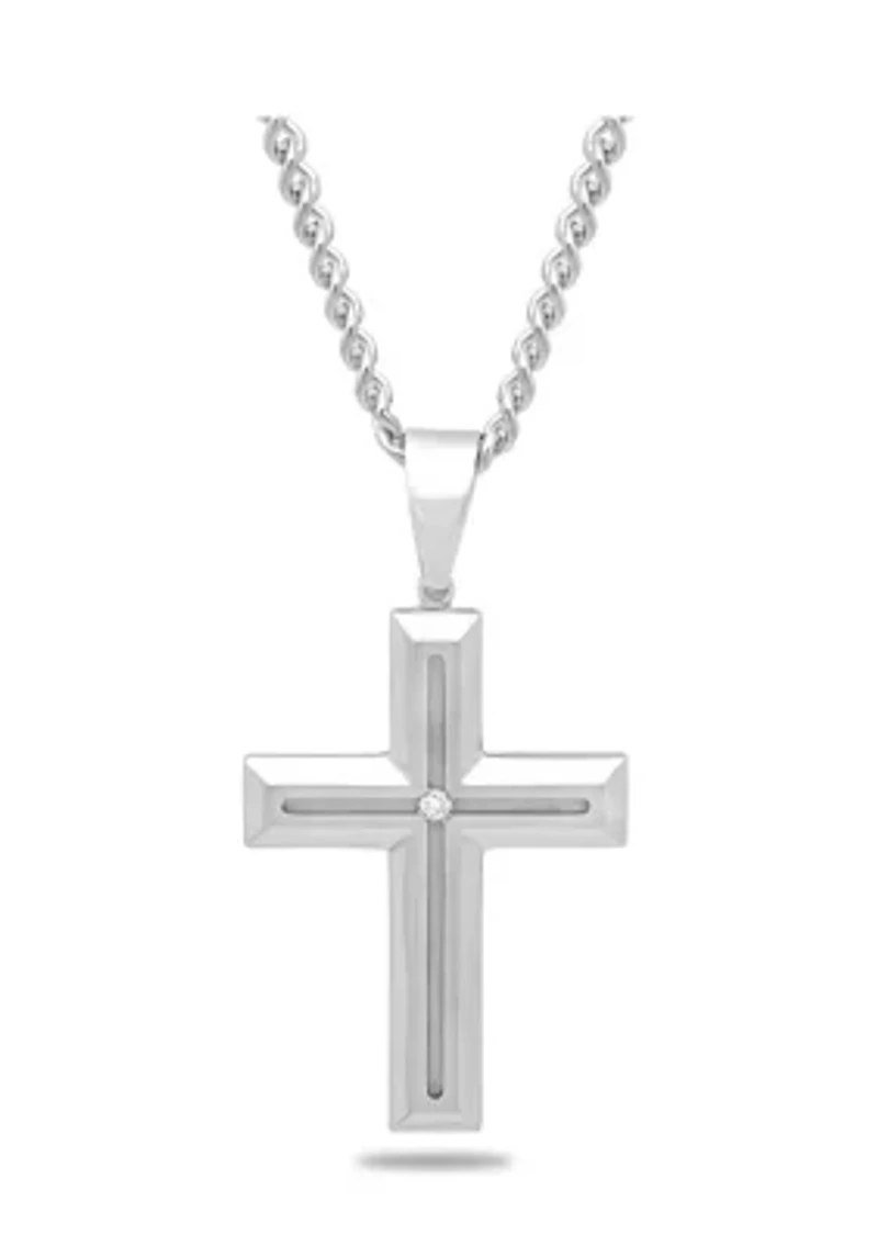  Diamond Accent Beveled Cross Pendant Necklace in Stainless Steel