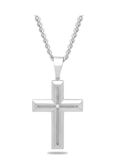  Diamond Accent Beveled Cross Pendant Necklace in Stainless Steel