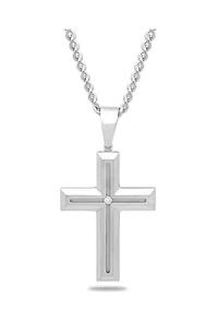  Diamond Accent Beveled Cross Pendant Necklace in Stainless Steel