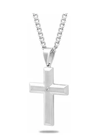  Diamond Accent Beveled Cross Pendant Necklace in Stainless Steel