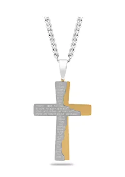 The Lord's Prayer Tablet Cross Pendant Necklace in Two-Tone Stainless Steel