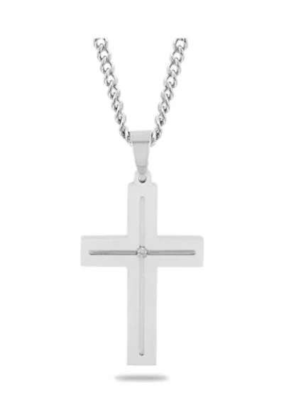 Diamond Accent Flat Cross Pendant Necklace in Stainless Steel
