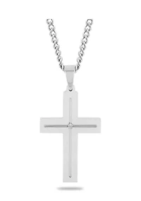 Diamond Accent Flat Cross Pendant Necklace in Stainless Steel