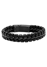 Men's Stainless Steel with Black Leather Bracelet