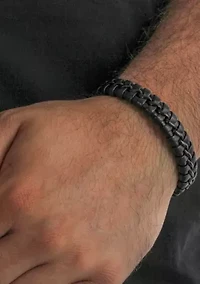 Men's Stainless Steel with Black Leather Bracelet