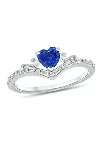 1/10 ct. t.w. Baguette Round White Diamond Synthetic Blue Sapphire Chevron V Anniversary Ring Sterling Silver