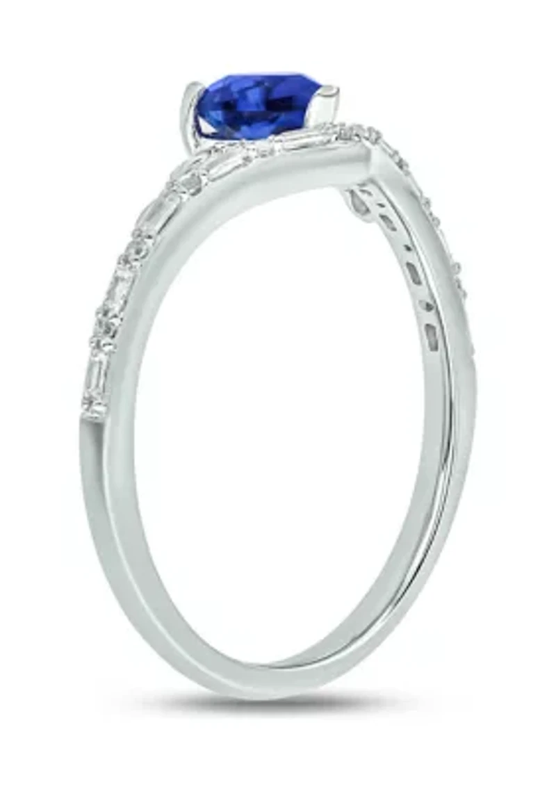 1/10 ct. t.w. Baguette Round White Diamond Synthetic Blue Sapphire Chevron V Anniversary Ring Sterling Silver
