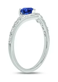 1/10 ct. t.w. Baguette Round White Diamond Synthetic Blue Sapphire Chevron V Anniversary Ring Sterling Silver