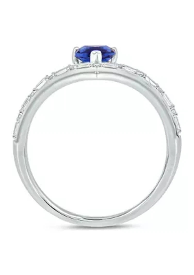 1/10 ct. t.w. Baguette Round White Diamond Synthetic Blue Sapphire Chevron V Anniversary Ring Sterling Silver