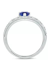 1/10 ct. t.w. Baguette Round White Diamond Synthetic Blue Sapphire Chevron V Anniversary Ring Sterling Silver