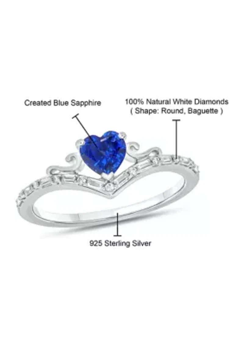 1/10 ct. t.w. Baguette Round White Diamond Synthetic Blue Sapphire Chevron V Anniversary Ring Sterling Silver