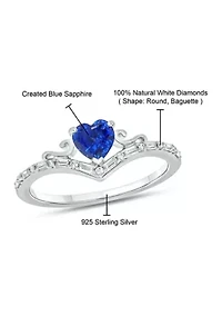 1/10 ct. t.w. Baguette Round White Diamond Synthetic Blue Sapphire Chevron V Anniversary Ring Sterling Silver