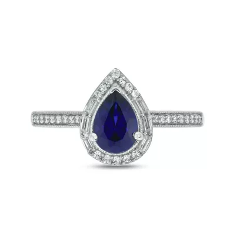 1/6 ct. t.w. Diamond and 1.0 Created Blue Sapphire Pear Ring Streling Silver